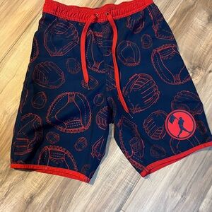 Kids Baseball-Themed Swim Trunks - Navy and Red